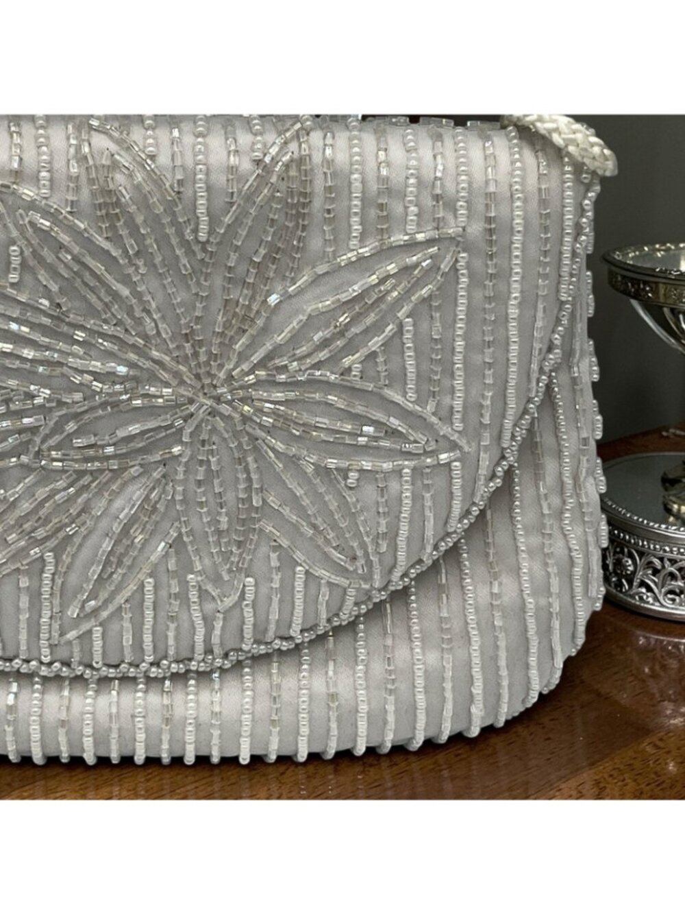 Vintage 90s White Beaded Clutch Floral Evening Bridal Purse - Picture 2 of 5